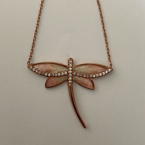 925 Silver pink dragonfly enamel cz stones necklace 14K rose gold plated - Picture 4 of 5